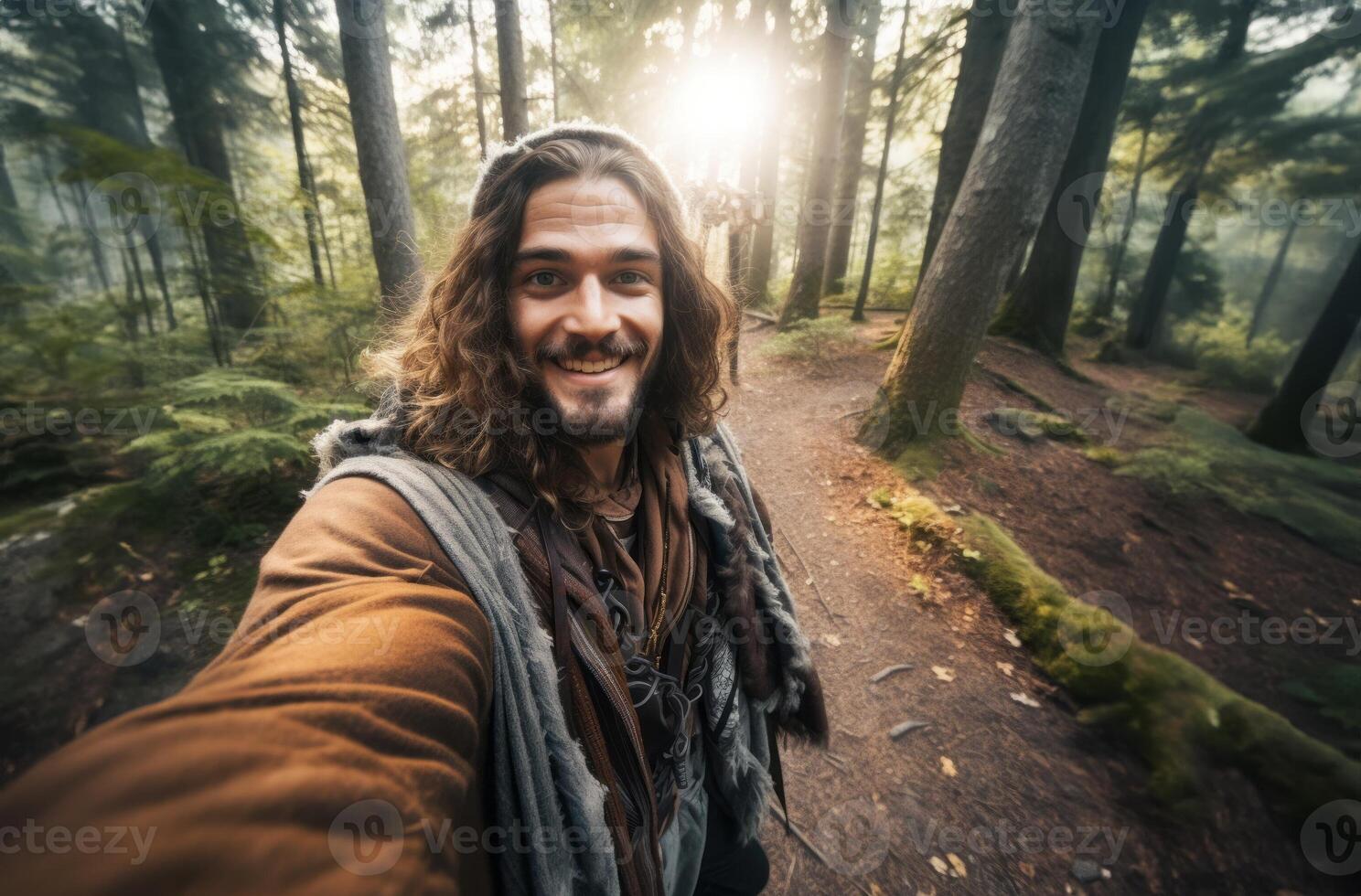 Capturing the essence of his woodland adventure, a hiker snaps a selfie amidst the lush forest trails, blending nature and self-expression seamlessly.Generated image photo