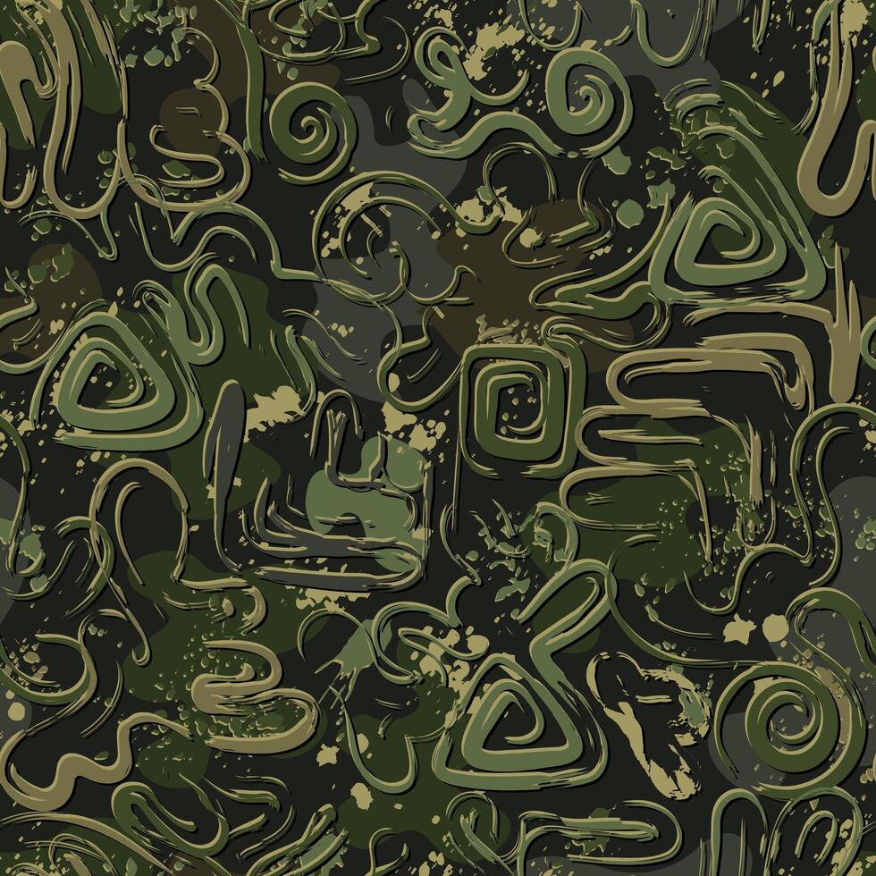 Seamless khaki green camouflage pattern with abstract wavy shapes, swirls, twirls, paint brush strokes, blots, spattered paint. Dense random composition. Grunge texture vector