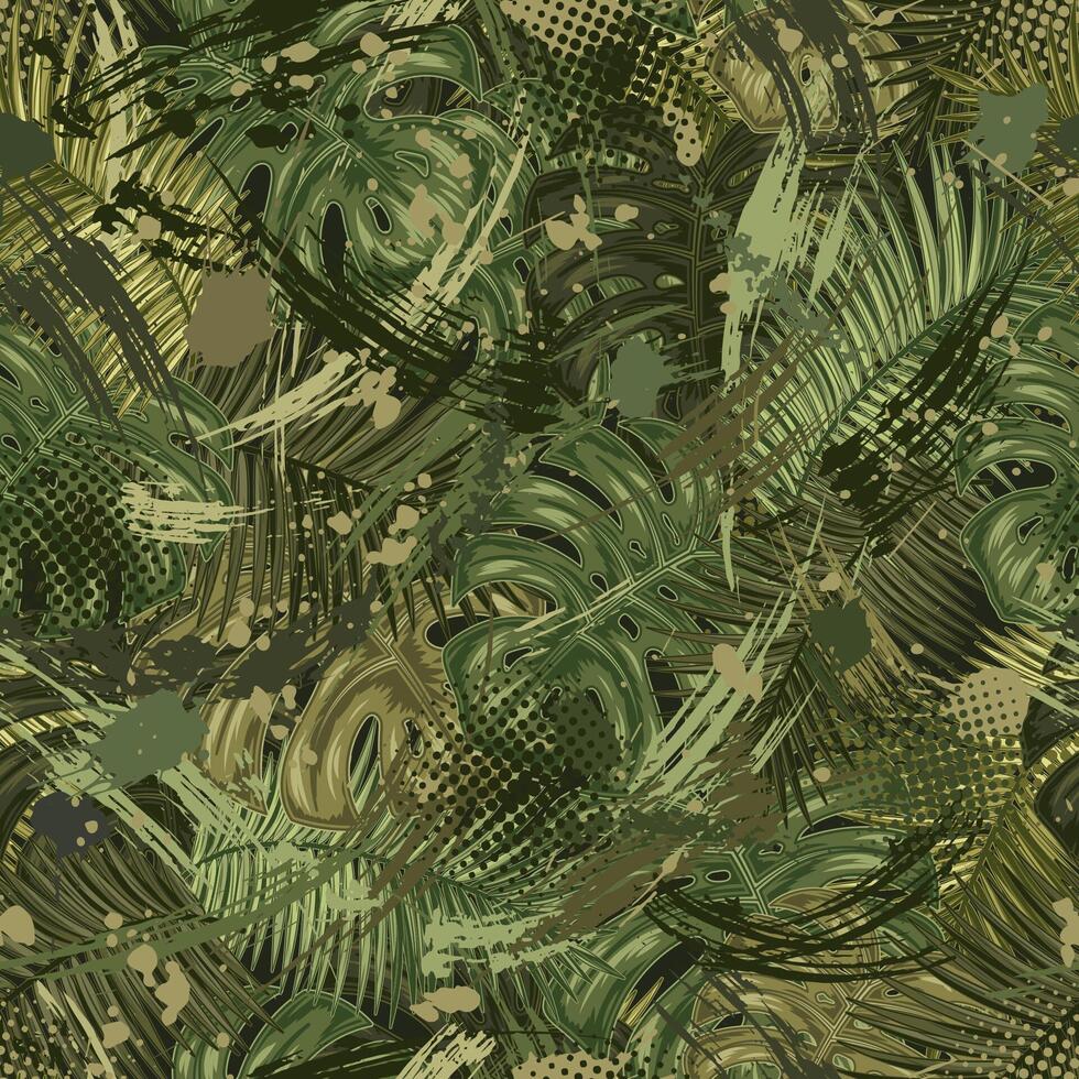 Seamless green camouflage pattern with tropical leaves, halftone shapes, paint brush strokes, blots. Good for apparel, fabric, textile, sport goods Grunge texture for surface design vector