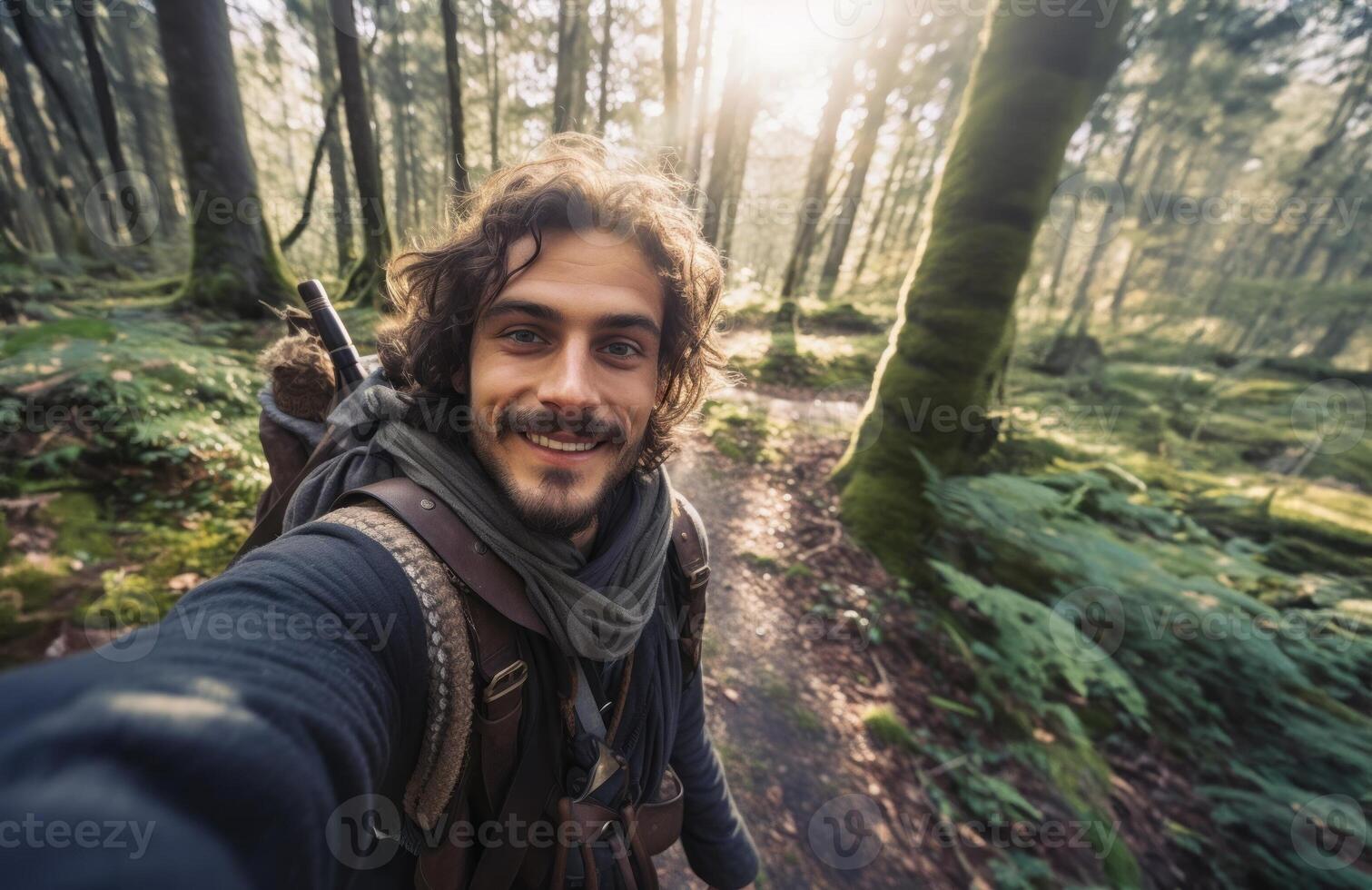 Capturing the essence of his woodland adventure, a hiker snaps a selfie amidst the lush forest trails, blending nature and self-expression seamlessly.Generated image photo
