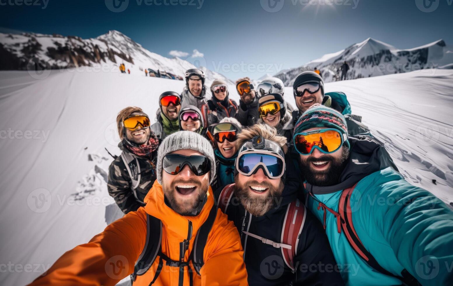 Friends capture snowy mountain joy in a cheerful group selfie amid the wintry alpine landscape. photo