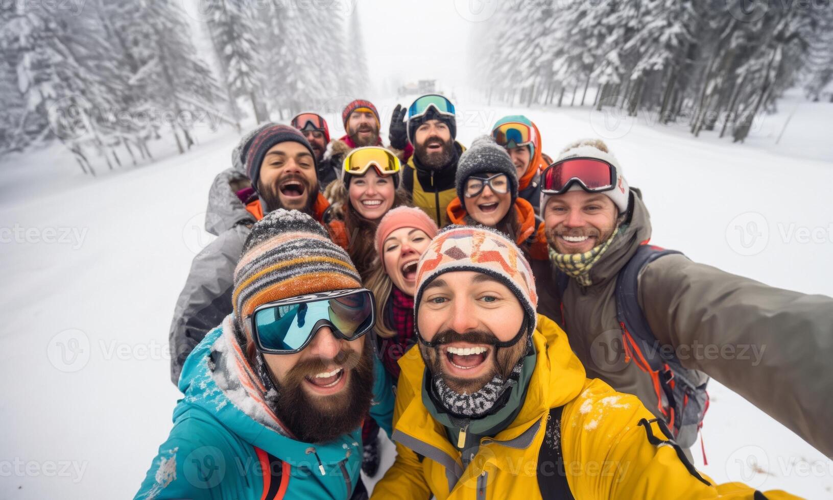 Friends capture snowy mountain joy in a cheerful group selfie amid the wintry alpine landscape. photo