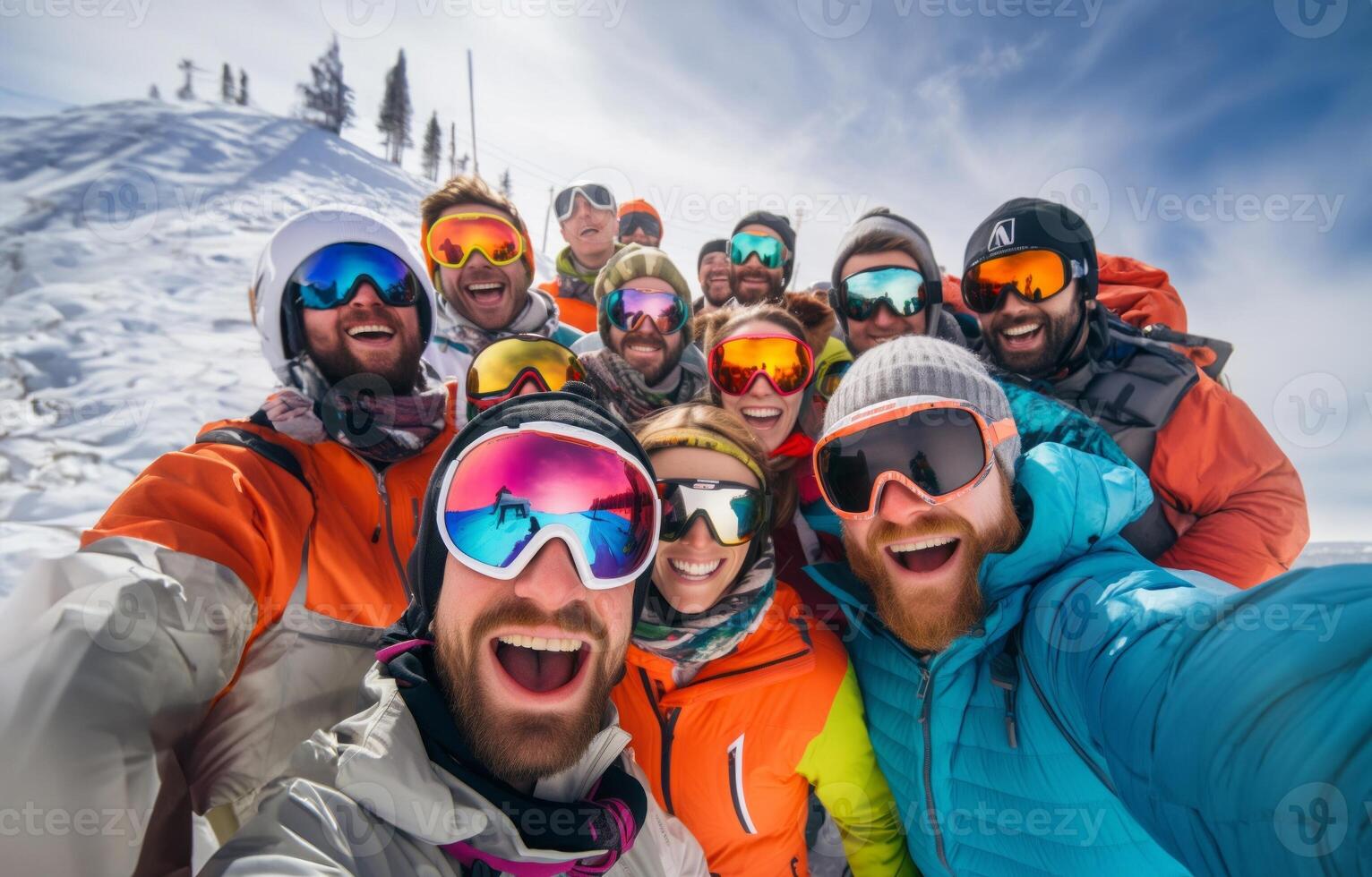 Friends capture snowy mountain joy in a cheerful group selfie amid the wintry alpine landscape. photo