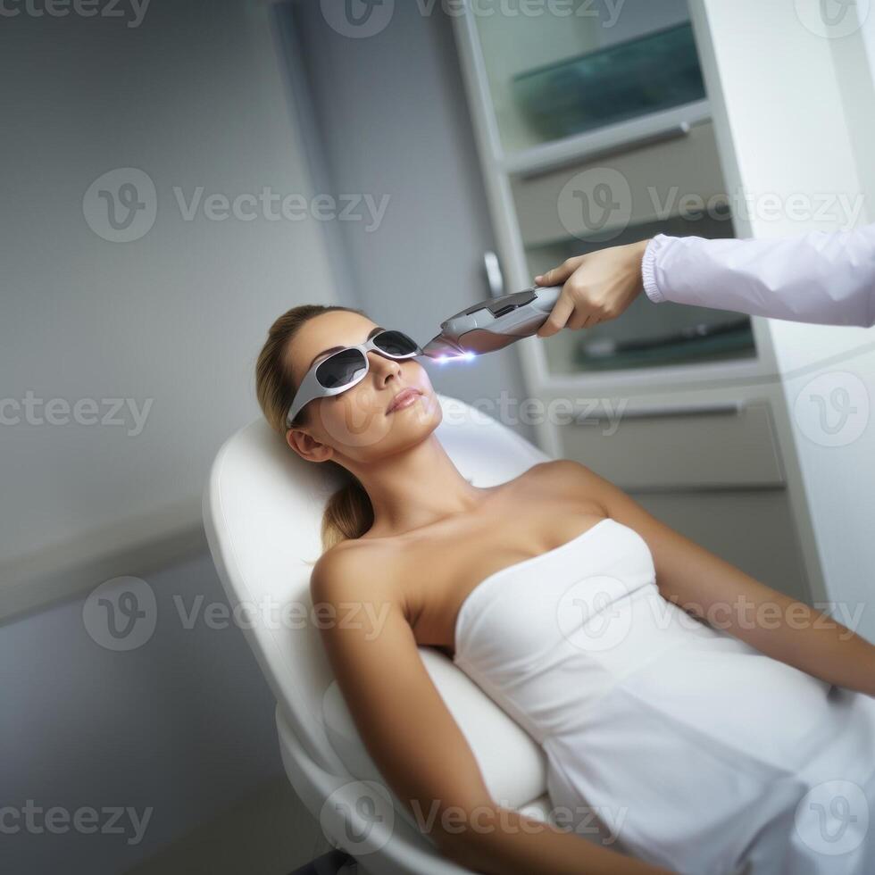 Modern woman undergoes laser hair removal therapy, embracing contemporary beauty techniques for smooth and hair-free skin. photo