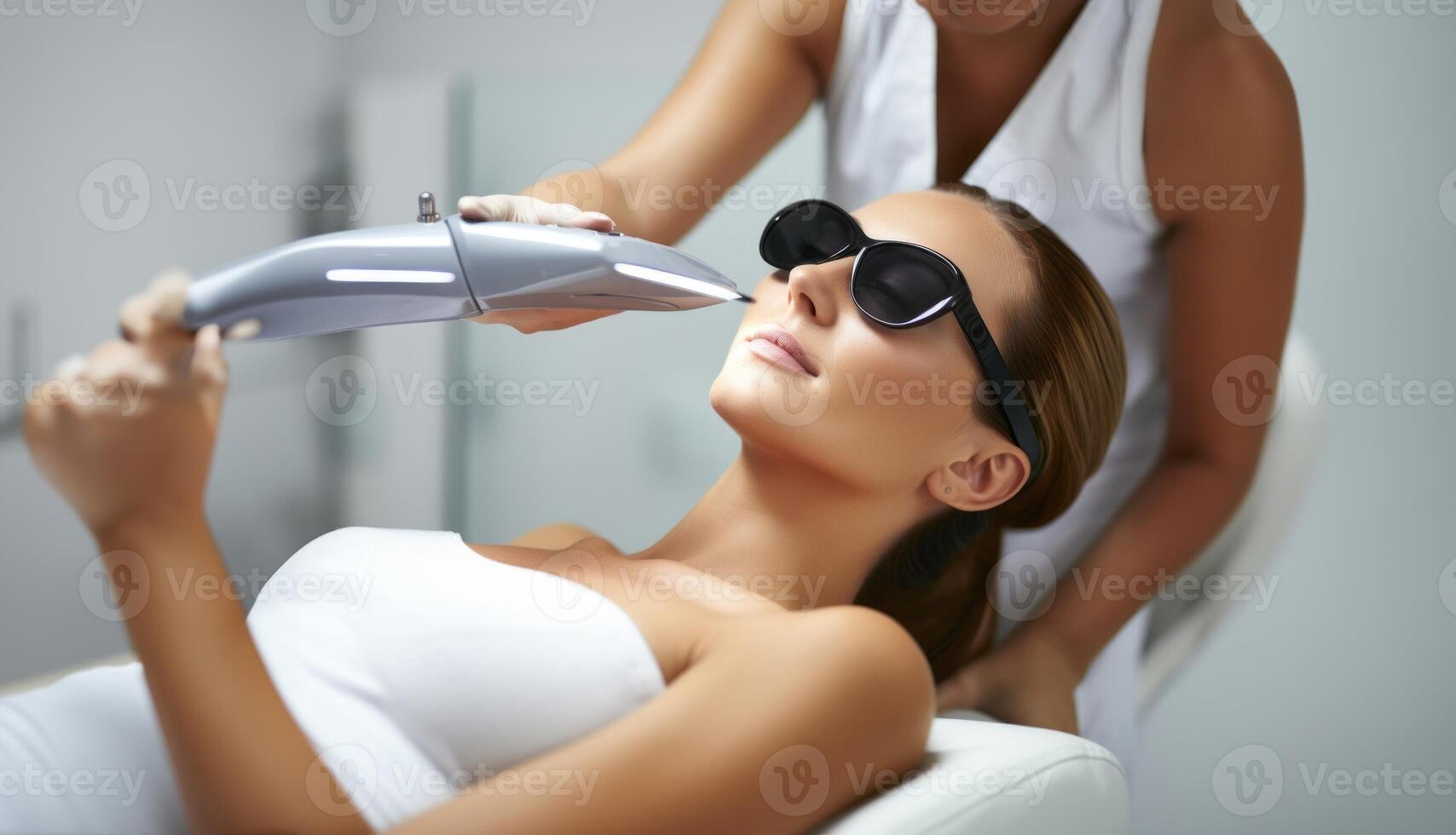Modern woman undergoes laser hair removal therapy, embracing contemporary beauty techniques for smooth and hair-free skin. photo