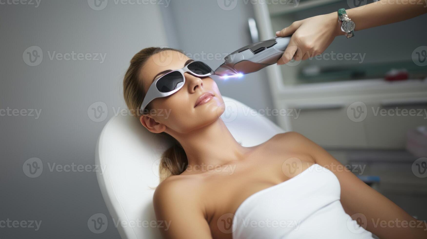 Modern woman undergoes laser hair removal therapy, embracing contemporary beauty techniques for smooth and hair-free skin. photo