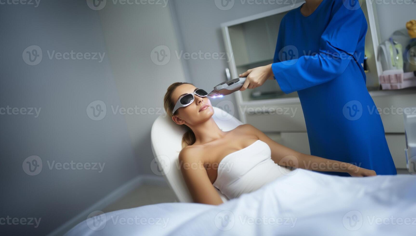 Modern woman undergoes laser hair removal therapy, embracing contemporary beauty techniques for smooth and hair-free skin. photo