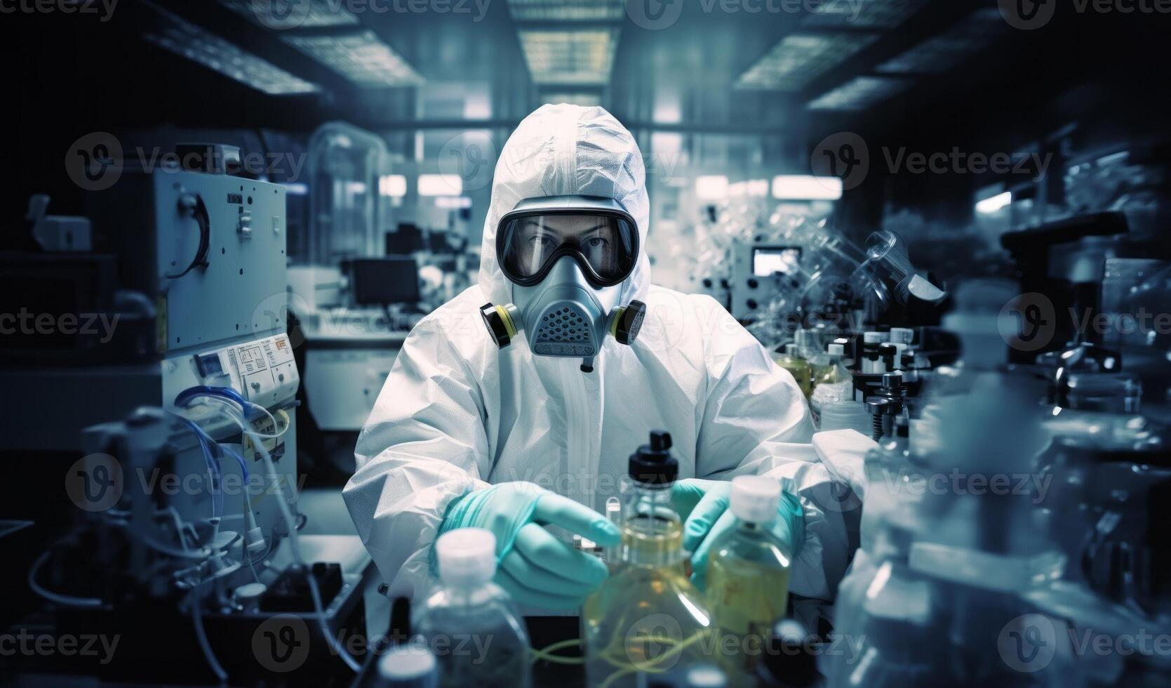 Mysterious doctor in a suit examines hazardous materials using a microscope in a professional office setting. photo