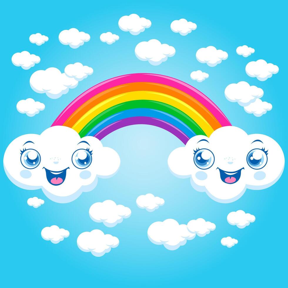 Cartoon cloud characters and a pretty rainbow in the sky. Blue sky background, white clouds and colorful rainbow. vector