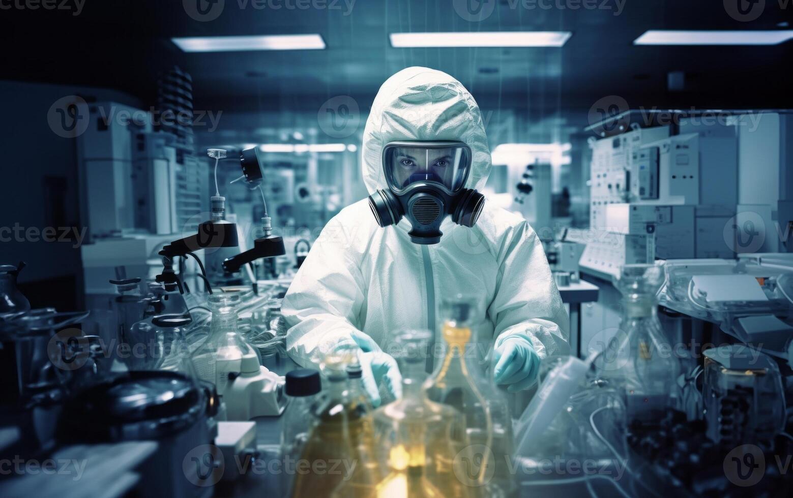Mysterious doctor in a suit examines hazardous materials using a microscope in a professional office setting. photo