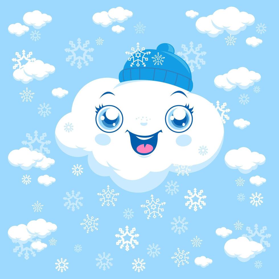 Cute clouds snowing at the winter cold weather sky. Blue winter season background with cute frozen cloud and snowflakes in the sky. Illustration background vector