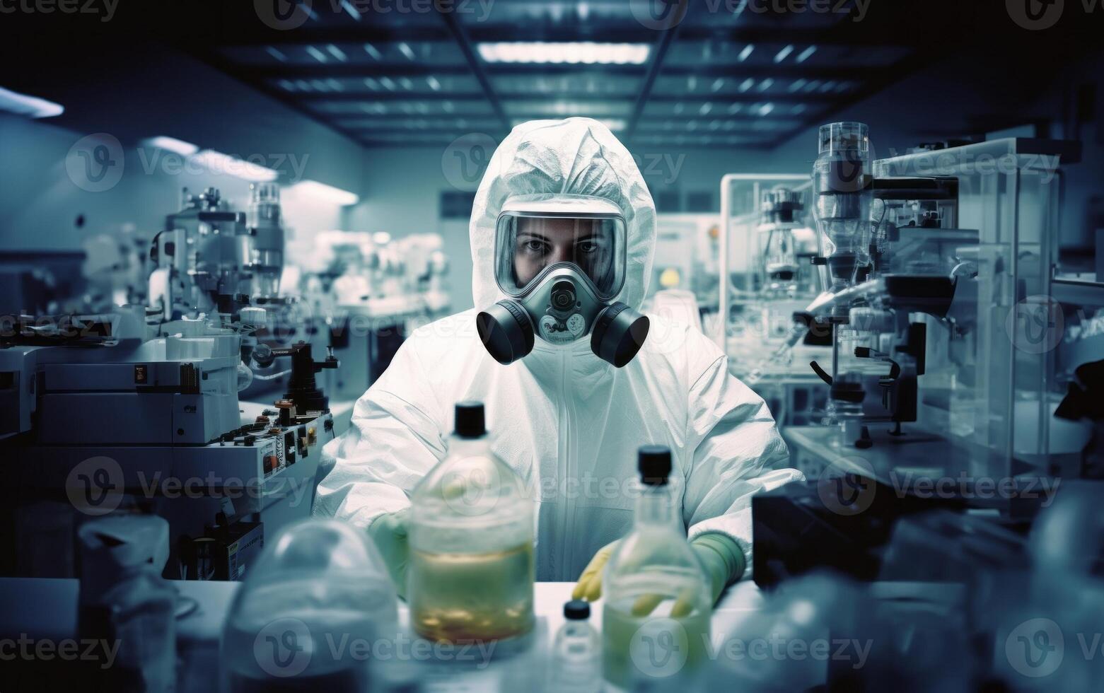 Mysterious doctor in a suit examines hazardous materials using a microscope in a professional office setting. photo