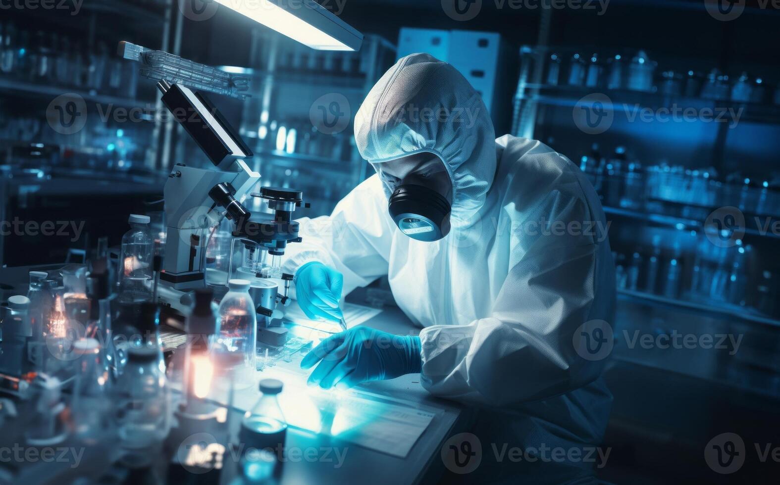 Mysterious doctor in a suit examines hazardous materials using a microscope in a professional office setting. photo