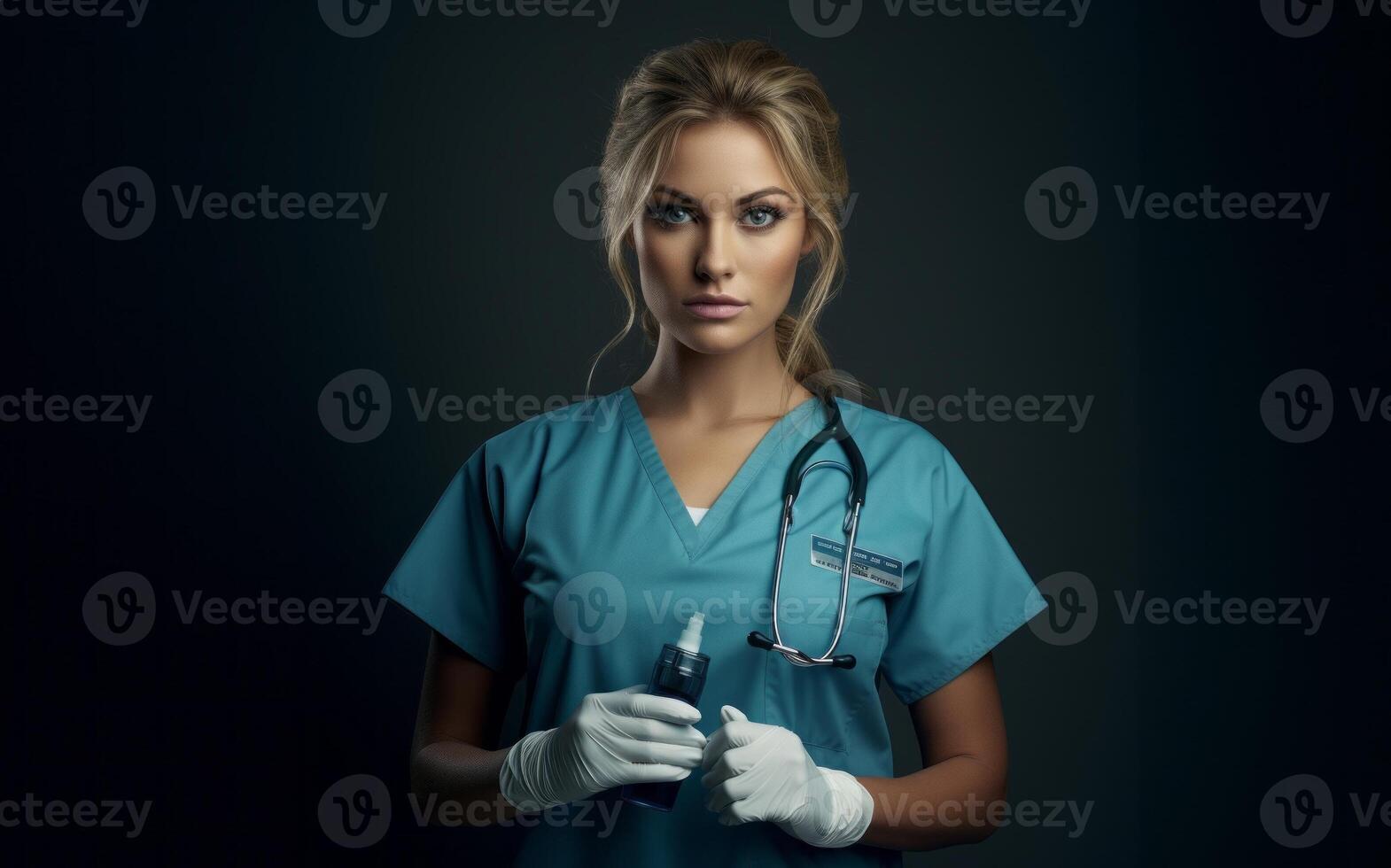 A modern and elegant doctor, exuding confidence and expertise, holds an injection in her hands against a dark backdrop, capturing the essence of contemporary healthcare professionalism photo
