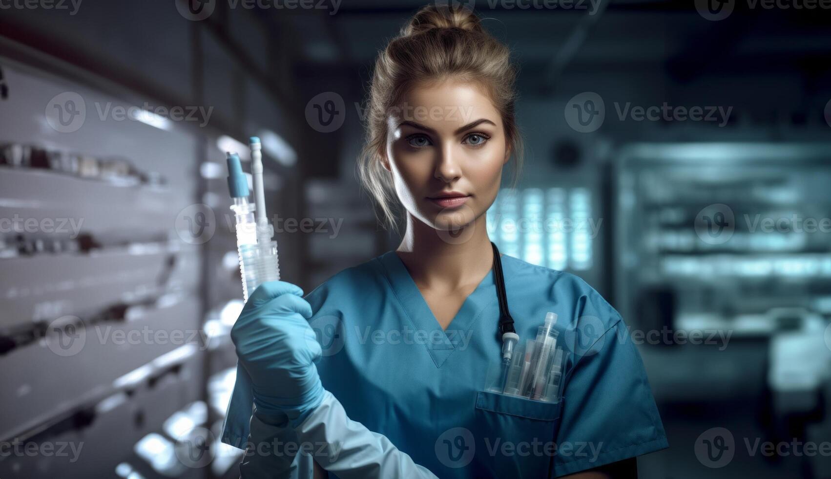 In a modern medical setting, a beautiful and confident female doctor is captured in a graceful portrait, holding an injection in her hands, epitomizing professionalism and contemporary photo