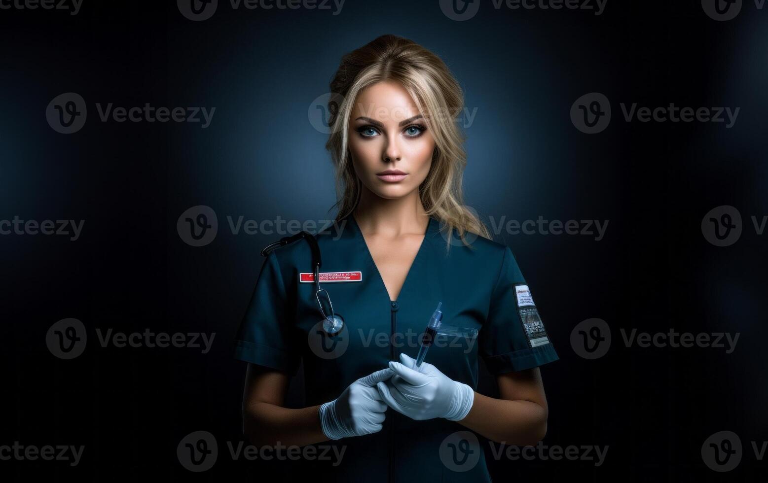 A modern and elegant doctor, exuding confidence and expertise, holds an injection in her hands against a dark backdrop, capturing the essence of contemporary healthcare professionalism photo