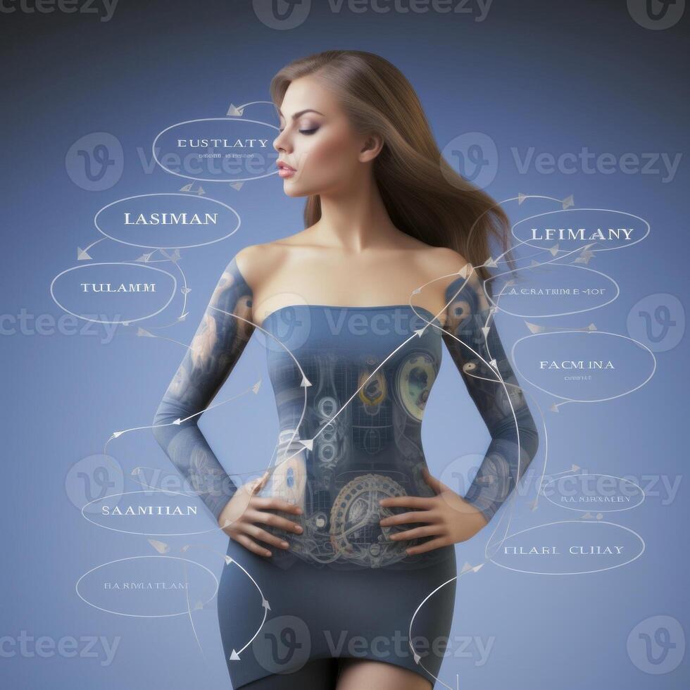 Futuristic holographic display reveals intricate details of women's internal organs in a cutting-edge medical visualization. photo