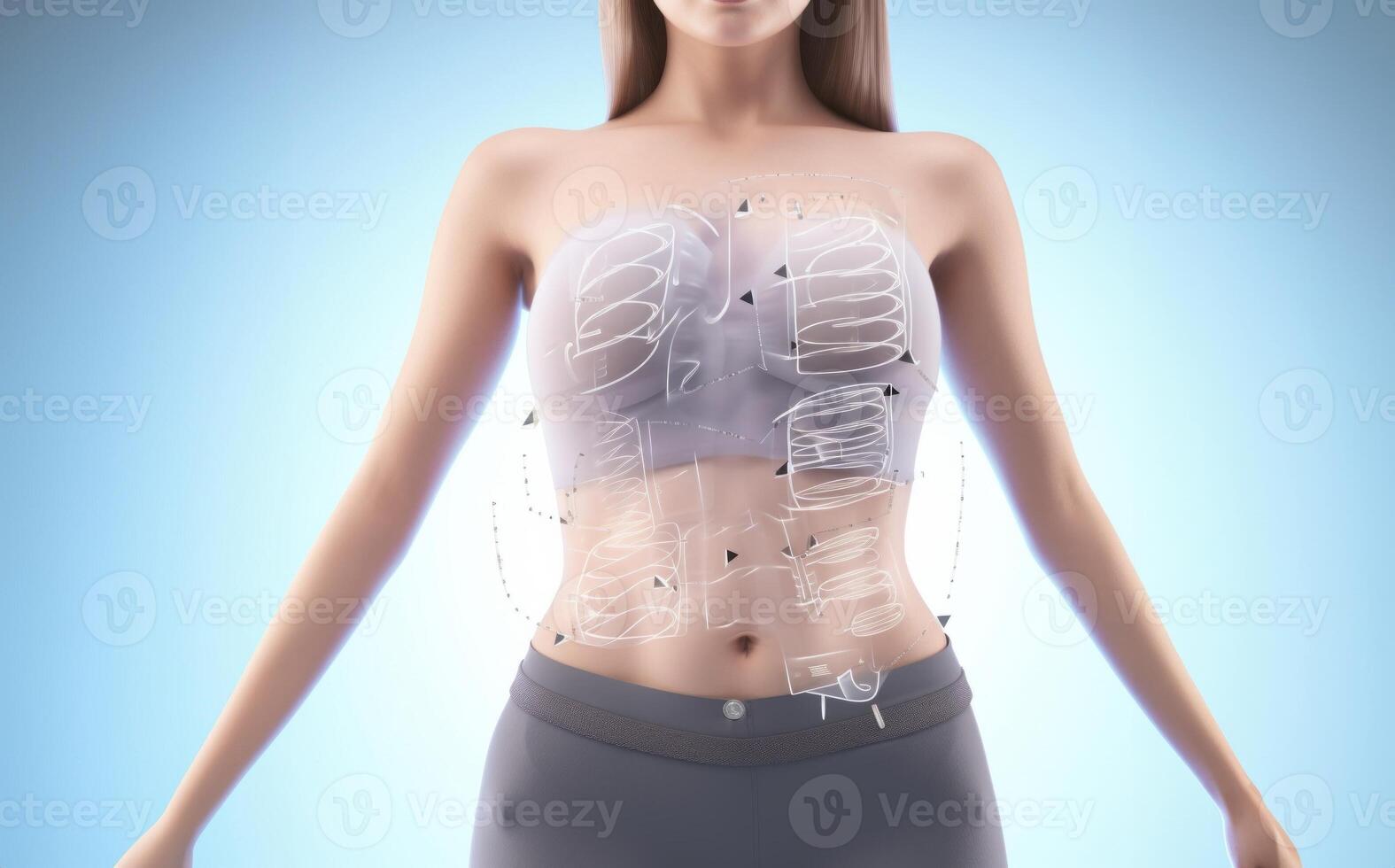 Futuristic holographic display reveals intricate details of women's internal organs in a cutting-edge medical visualization. photo