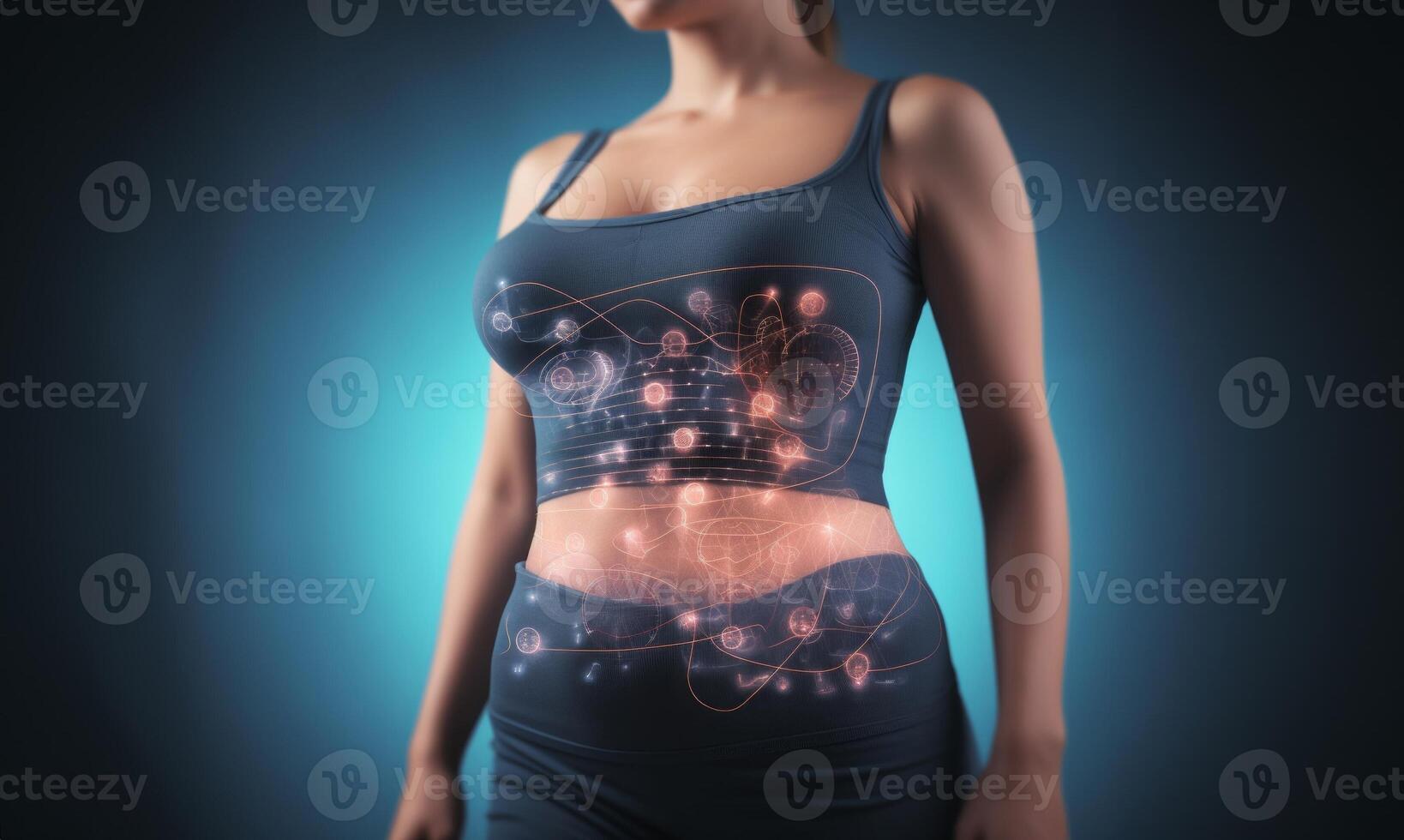 Futuristic holographic display reveals intricate details of women's internal organs in a cutting-edge medical visualization. photo
