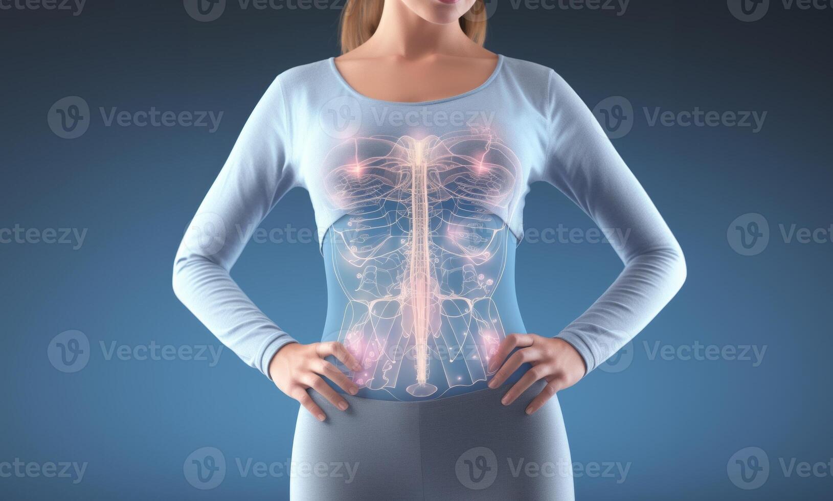 Futuristic holographic display reveals intricate details of women's internal organs in a cutting-edge medical visualization. photo