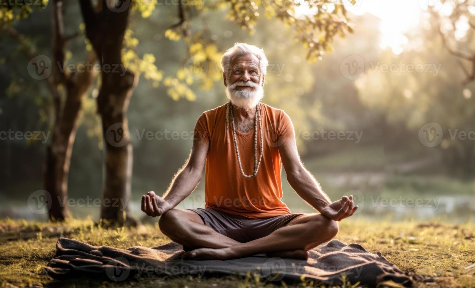 Bearded elderly man meditates in the serene embrace of nature, cultivating tranquility and mindfulness photo
