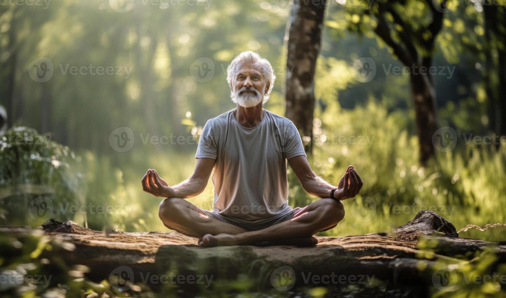 Bearded elderly man meditates in the serene embrace of nature, cultivating tranquility and mindfulness photo