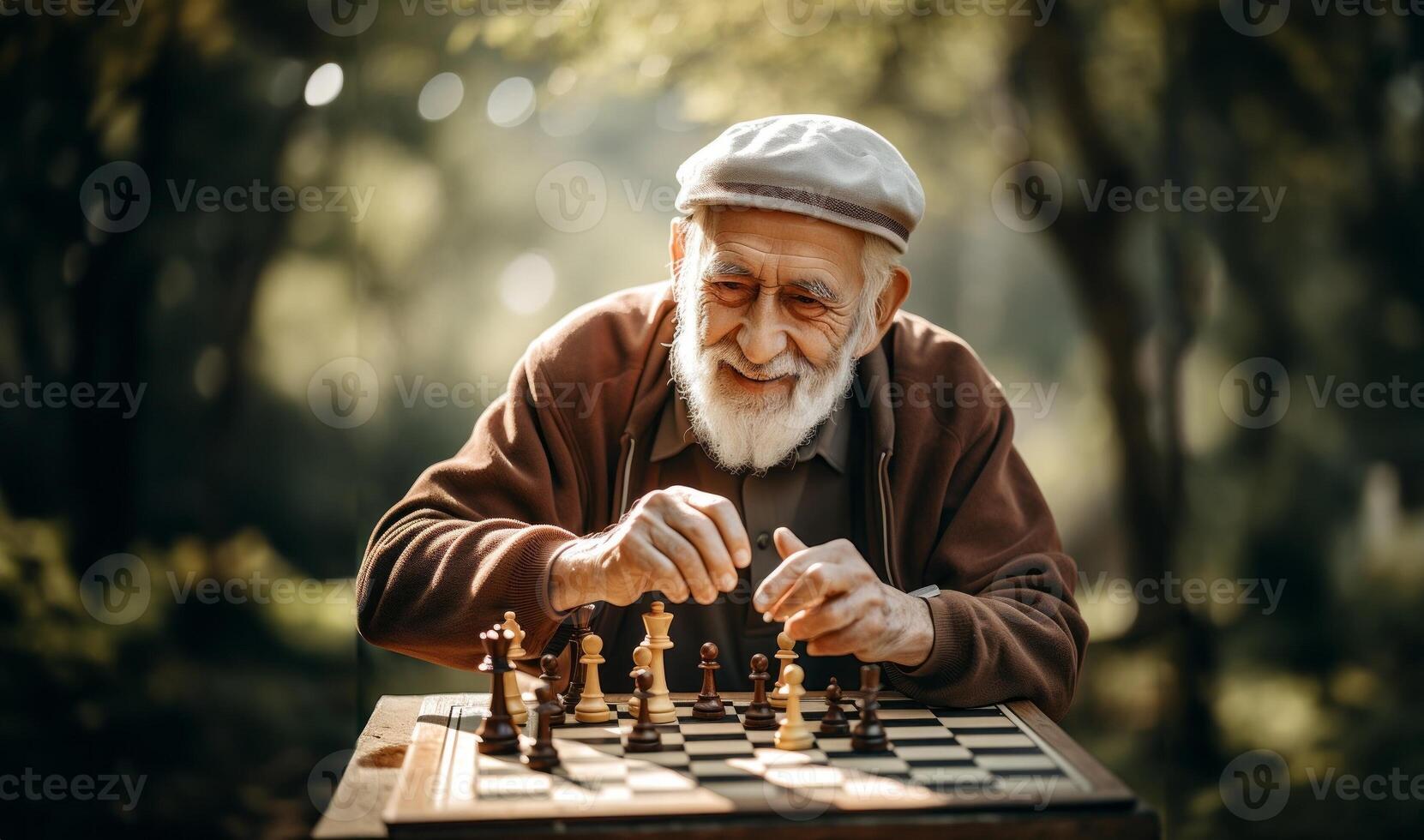 An elderly man engages in a game of chess, contemplating each move thoughtfully, surrounded by the tranquility of the outdoors, blending intellectual pursuit with the beauty of nature photo