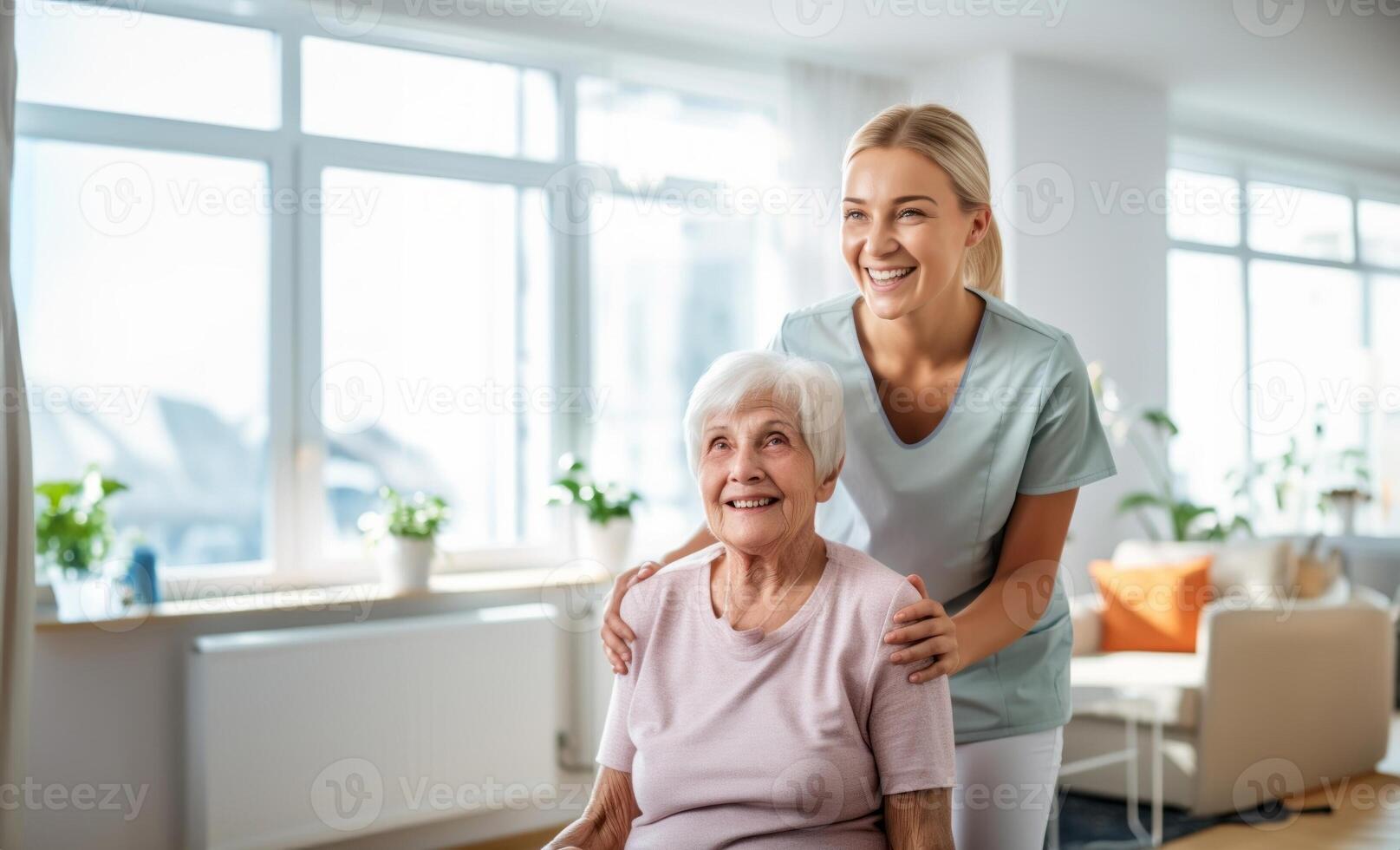 A medical professional engages in therapeutic exercises with an elderly woman in a wheelchair, utilizing a ball and various aids, exemplifying compassionate care and rehabilitation photo