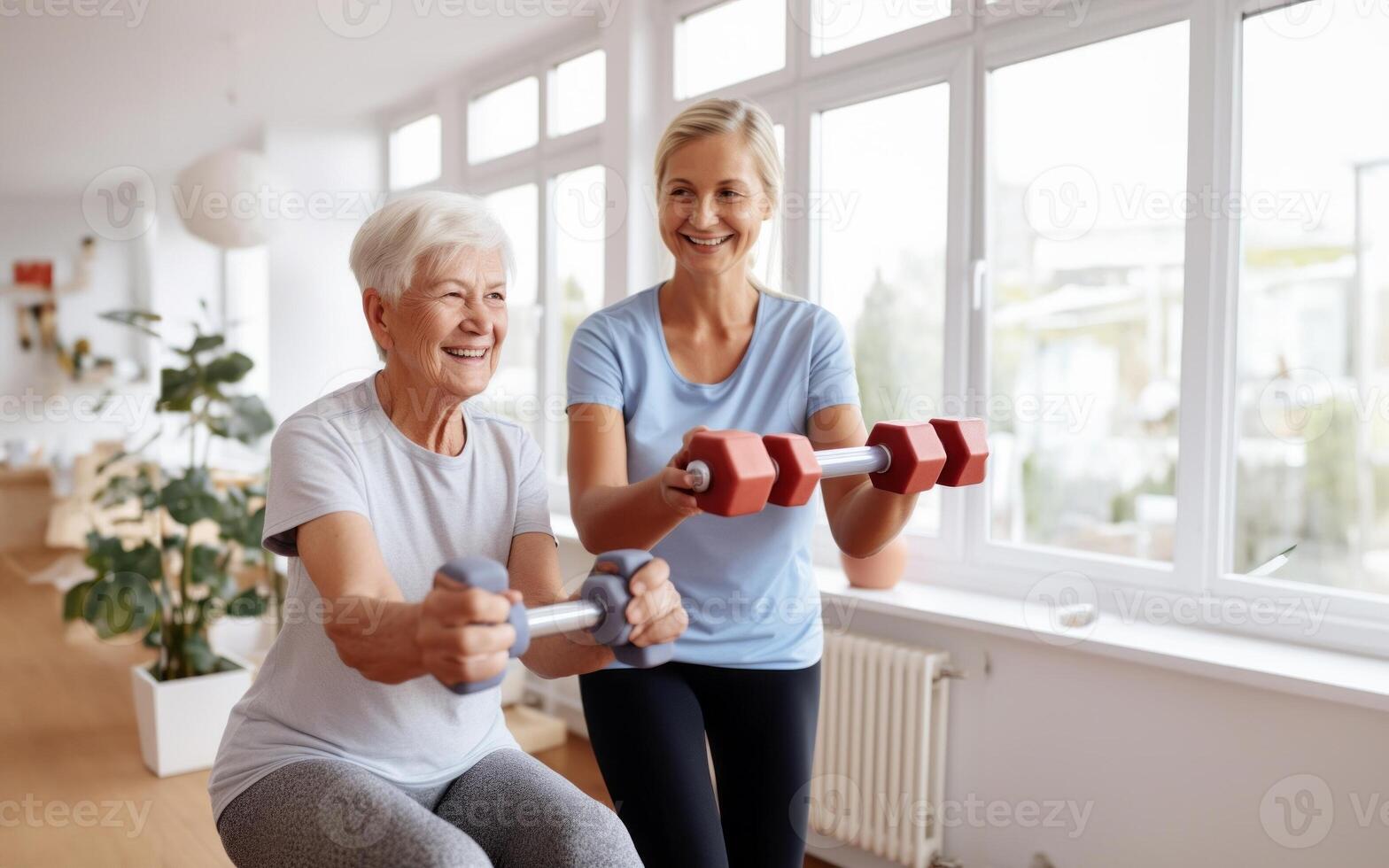 A medical professional engages in therapeutic exercises with an elderly woman in a wheelchair, utilizing a ball and various aids, exemplifying compassionate care and rehabilitation photo
