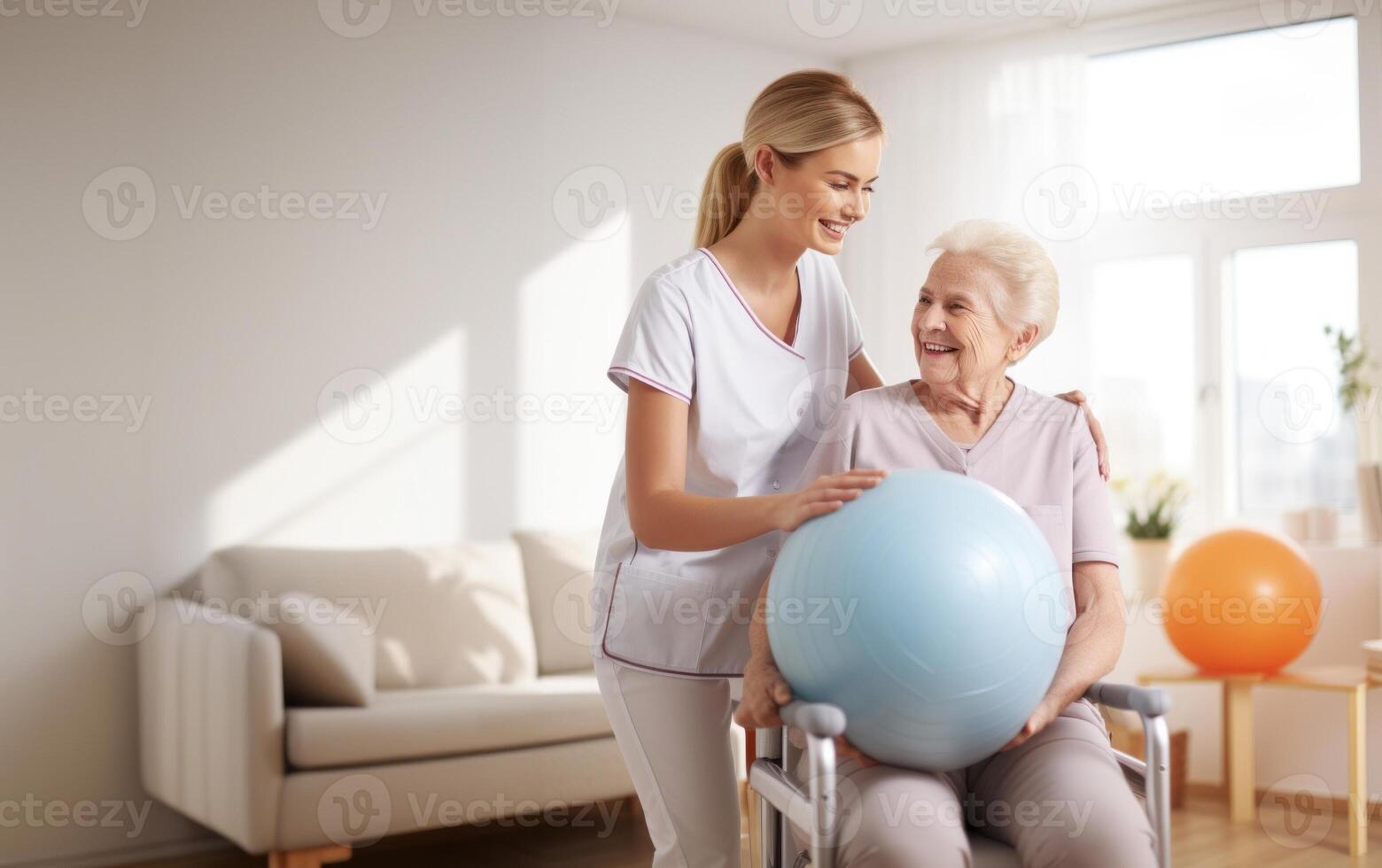 A medical professional engages in therapeutic exercises with an elderly woman in a wheelchair, utilizing a ball and various aids, exemplifying compassionate care and rehabilitation photo