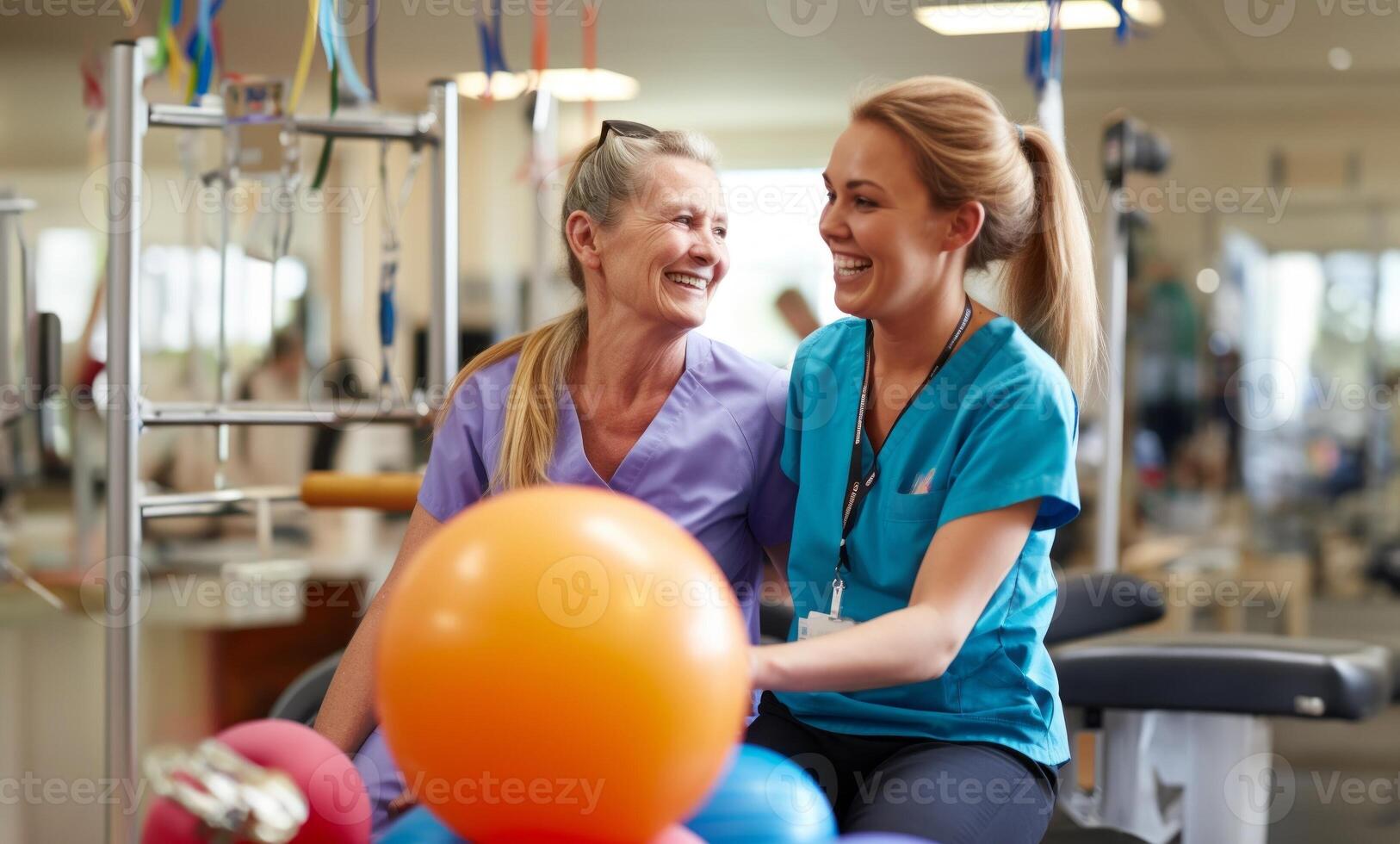 A medical professional engages in therapeutic exercises with an elderly woman in a wheelchair, utilizing a ball and various aids, exemplifying compassionate care and rehabilitation photo