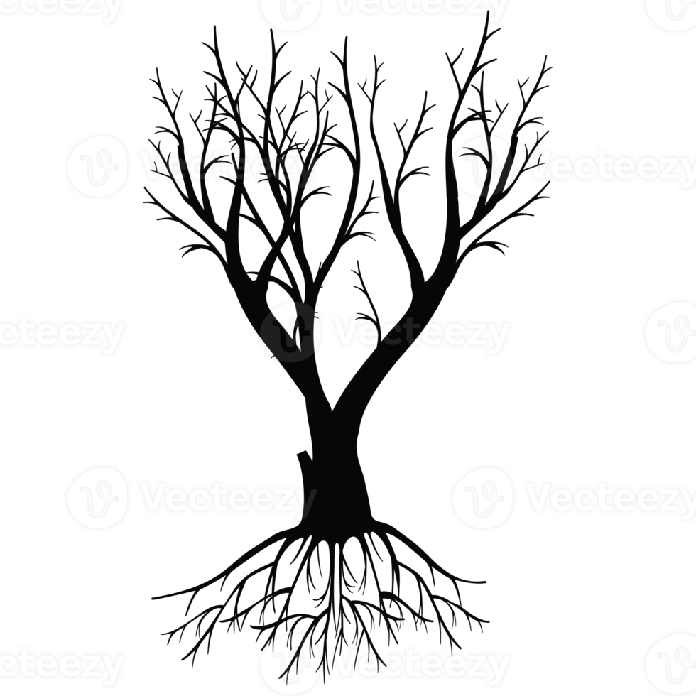 Old dark trees with roots, Black silhouette dead tree png