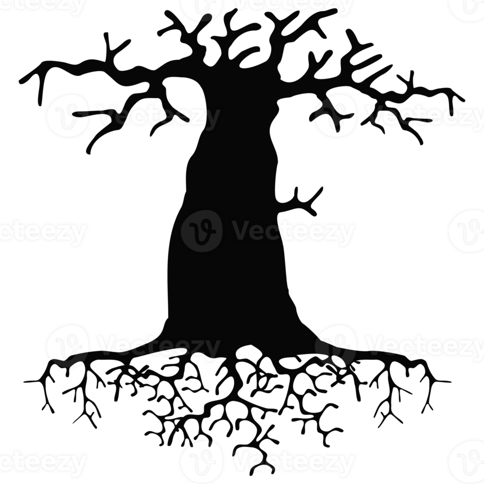 Old dark trees with roots, Black silhouette dead tree png