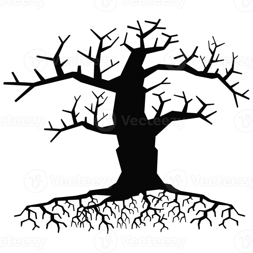 Old dark trees with roots, Black silhouette dead tree png