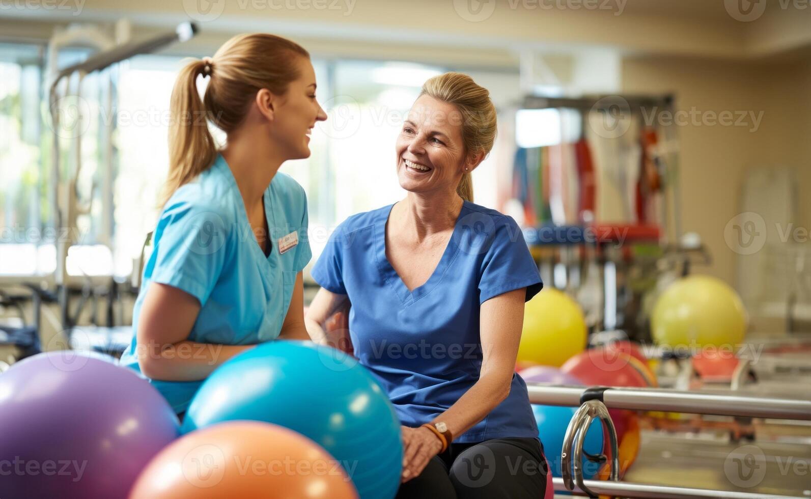 A medical professional engages in therapeutic exercises with an elderly woman in a wheelchair, utilizing a ball and various aids, exemplifying compassionate care and rehabilitation photo