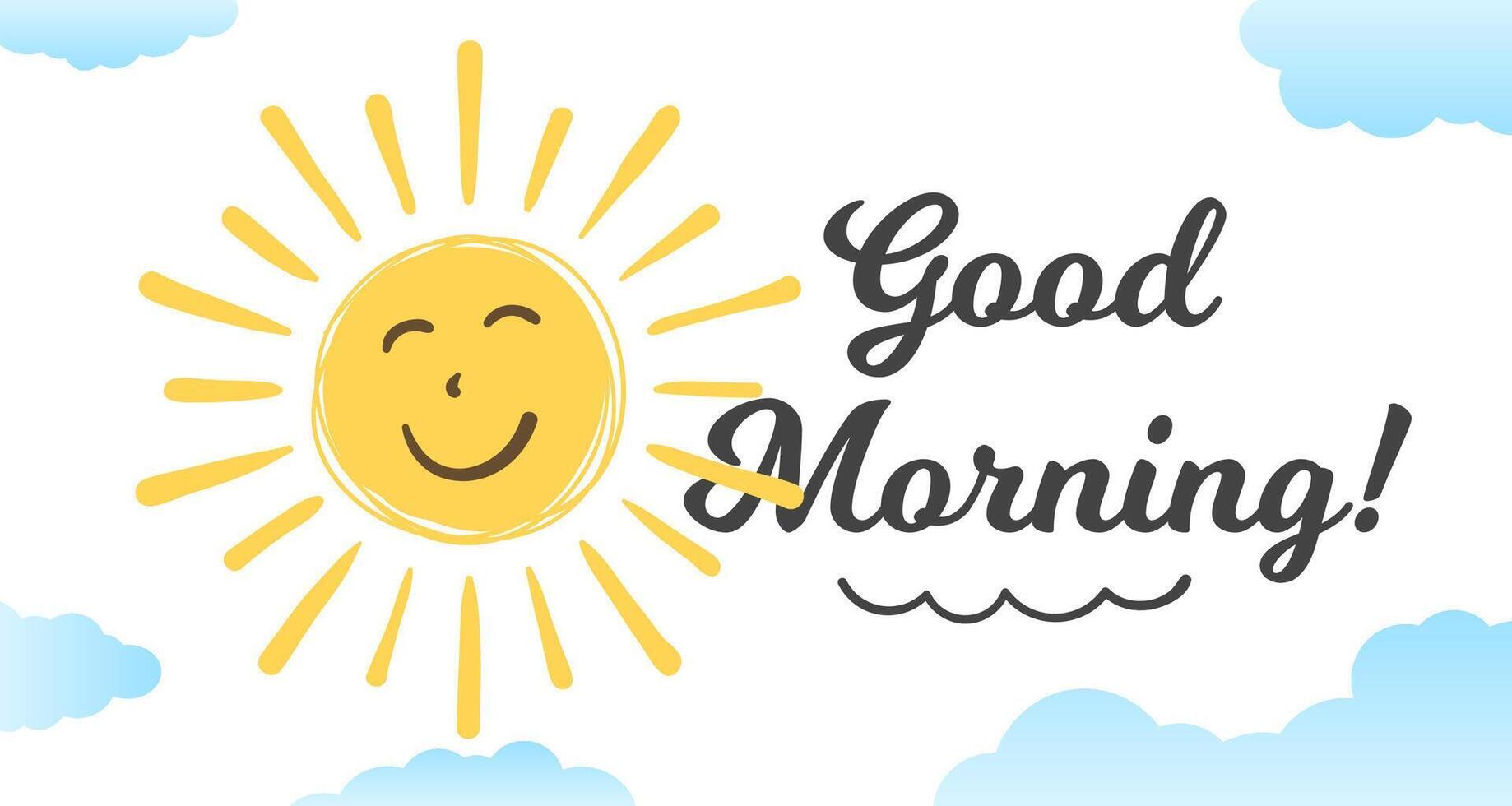 Smiling handdrawn sun with clouds, good morning concept vector