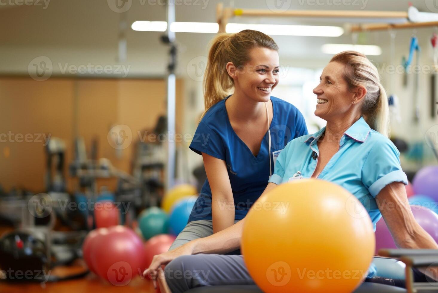 A medical professional engages in therapeutic exercises with an elderly woman in a wheelchair, utilizing a ball and various aids, exemplifying compassionate care and rehabilitation photo
