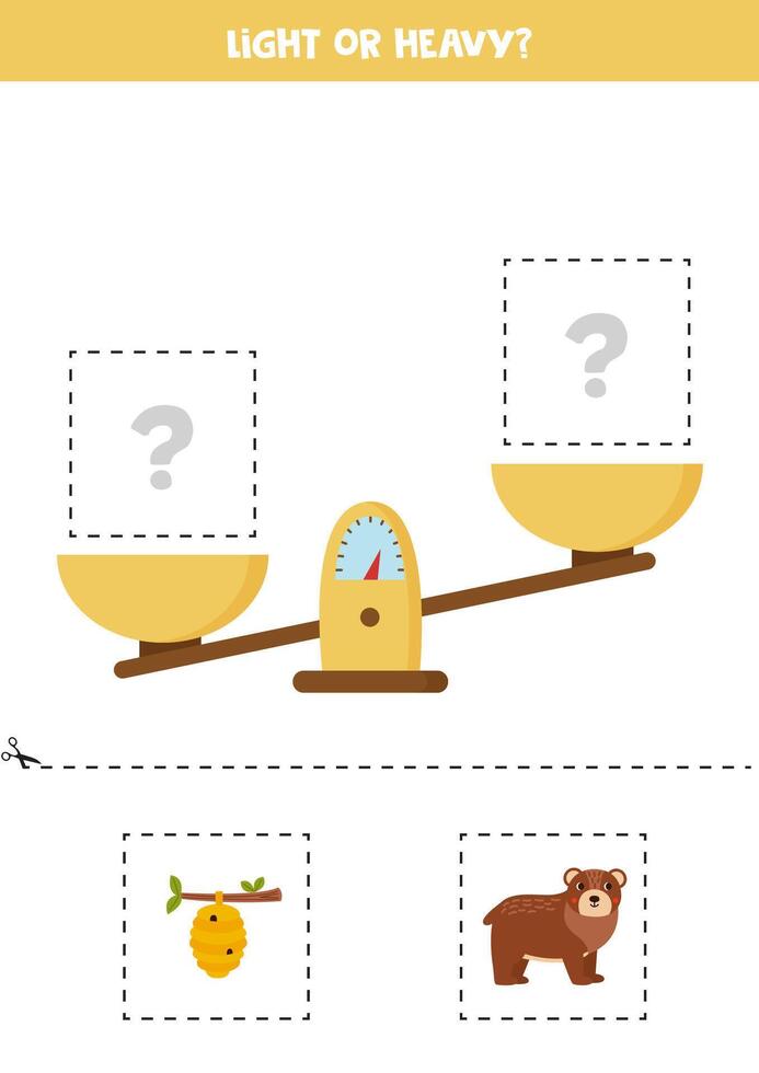 Light, heavy or equal. Cut pictures below and glue to the right box. vector