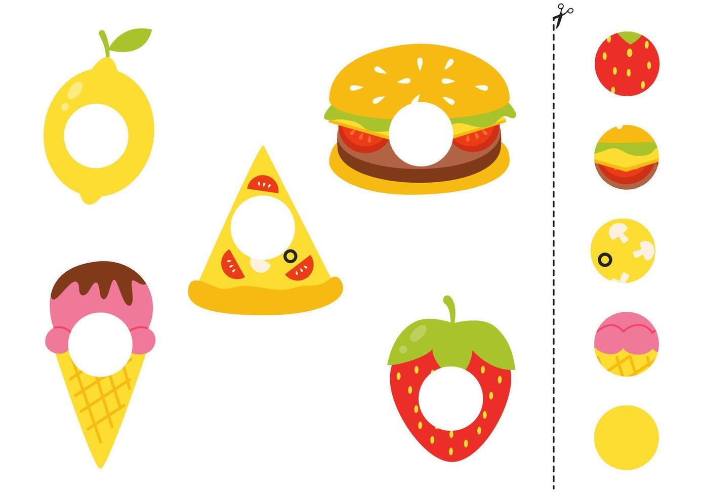 Cut and glue parts of cartoon burger, lemon, pizza slice, ice cream and strawberry. vector