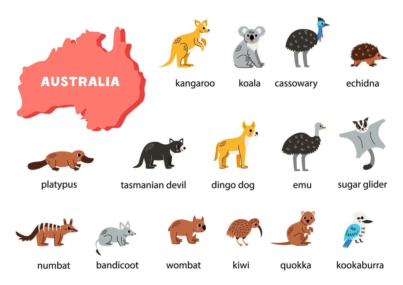 Australian animals set with names. Australia map of fauna. vector