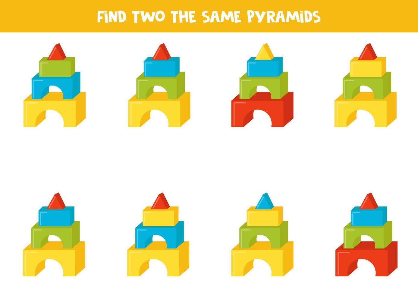 Find two the same colorful toy pyramids. Educational game for preschool children. vector