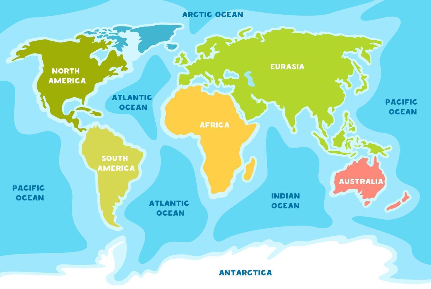 Children's map of the world. America, Europa, Asia, Africa, Australia. vector