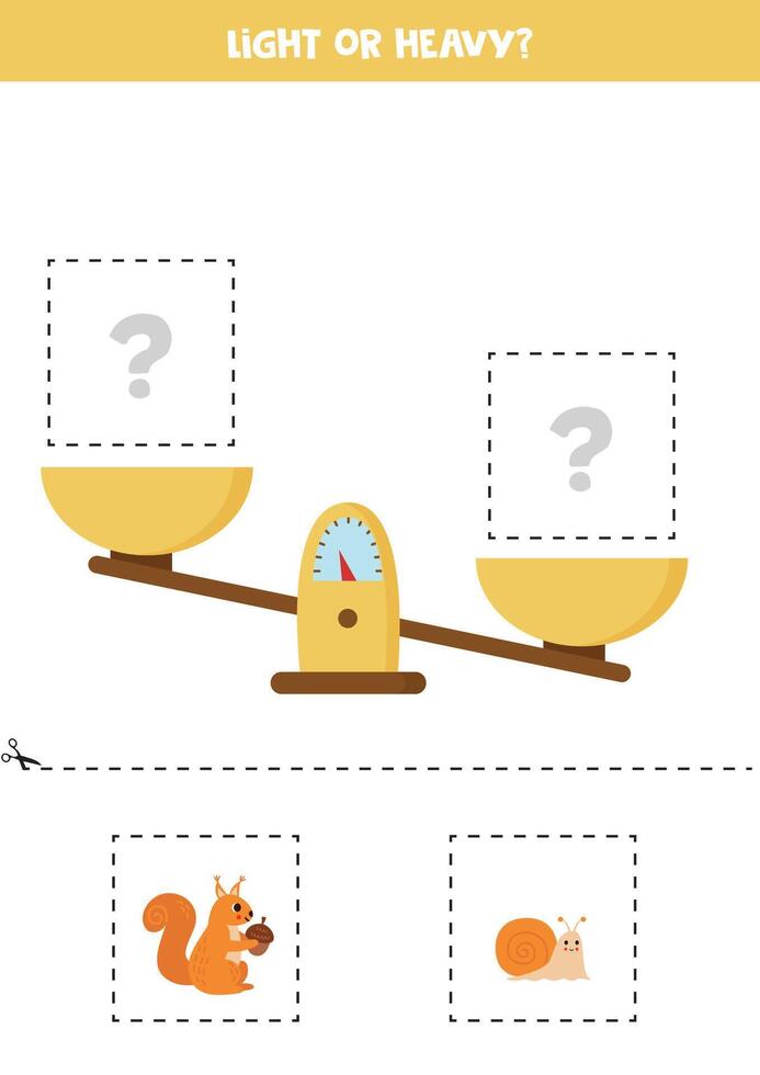 Light, heavy or equal. Cut pictures below and glue to the right box. vector