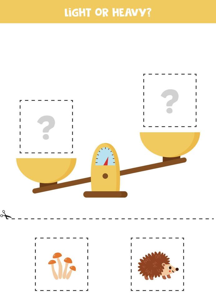 Light, heavy or equal. Cut pictures below and glue to the right box. vector