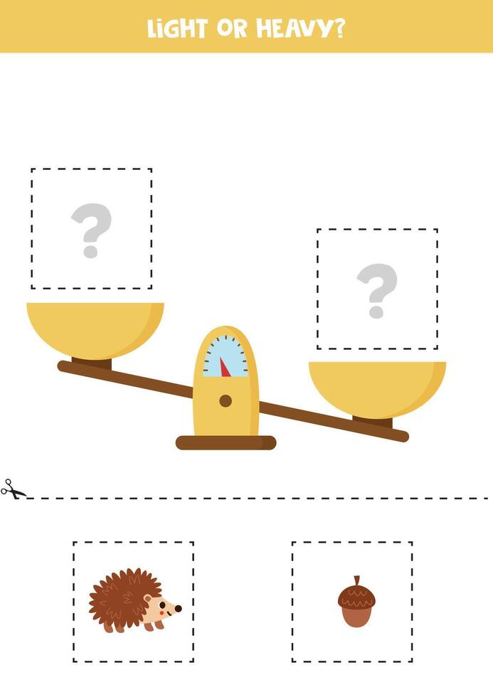 Light, heavy or equal. Cut pictures below and glue to the right box. vector