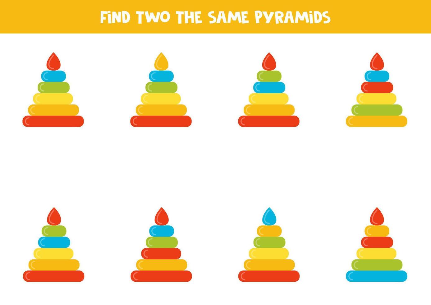 Find two the same colorful toy pyramids. Educational game for preschool children. vector