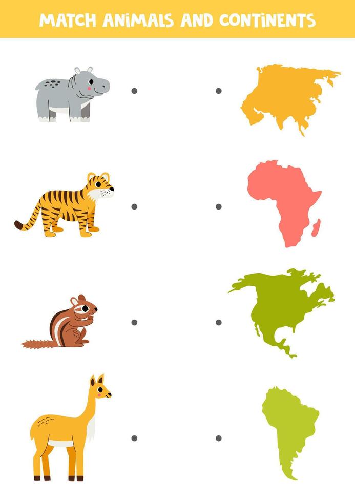 Match animals species with continents. Educational logical game. vector