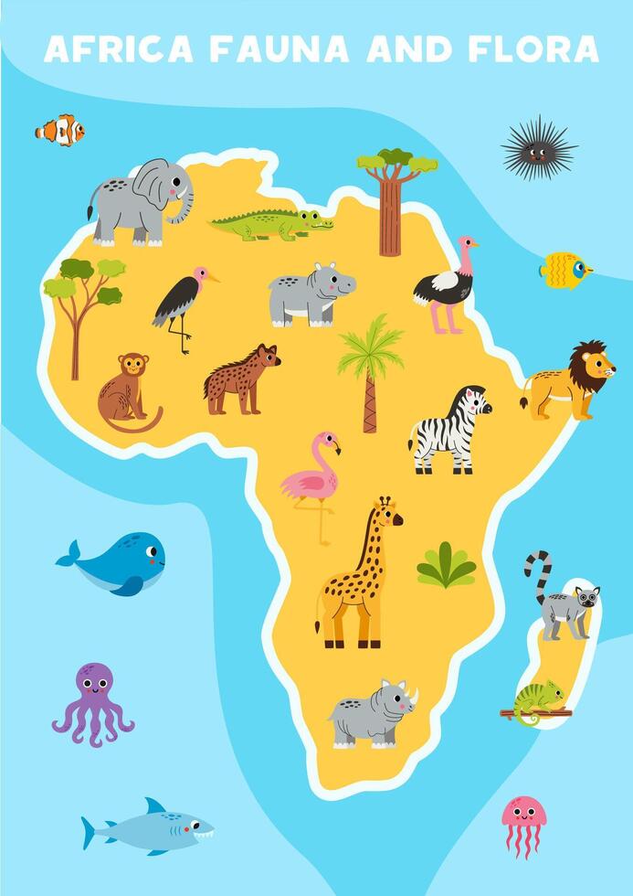 map of Africa with cute cartoon animals. vector