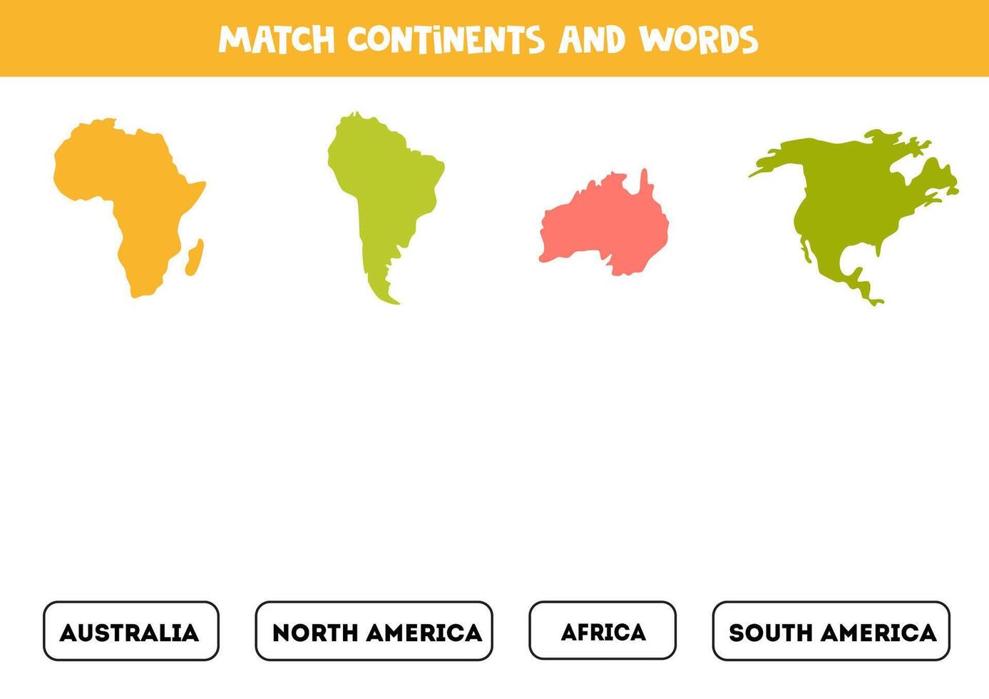 Matching game with continents. Find continents and their names. vector