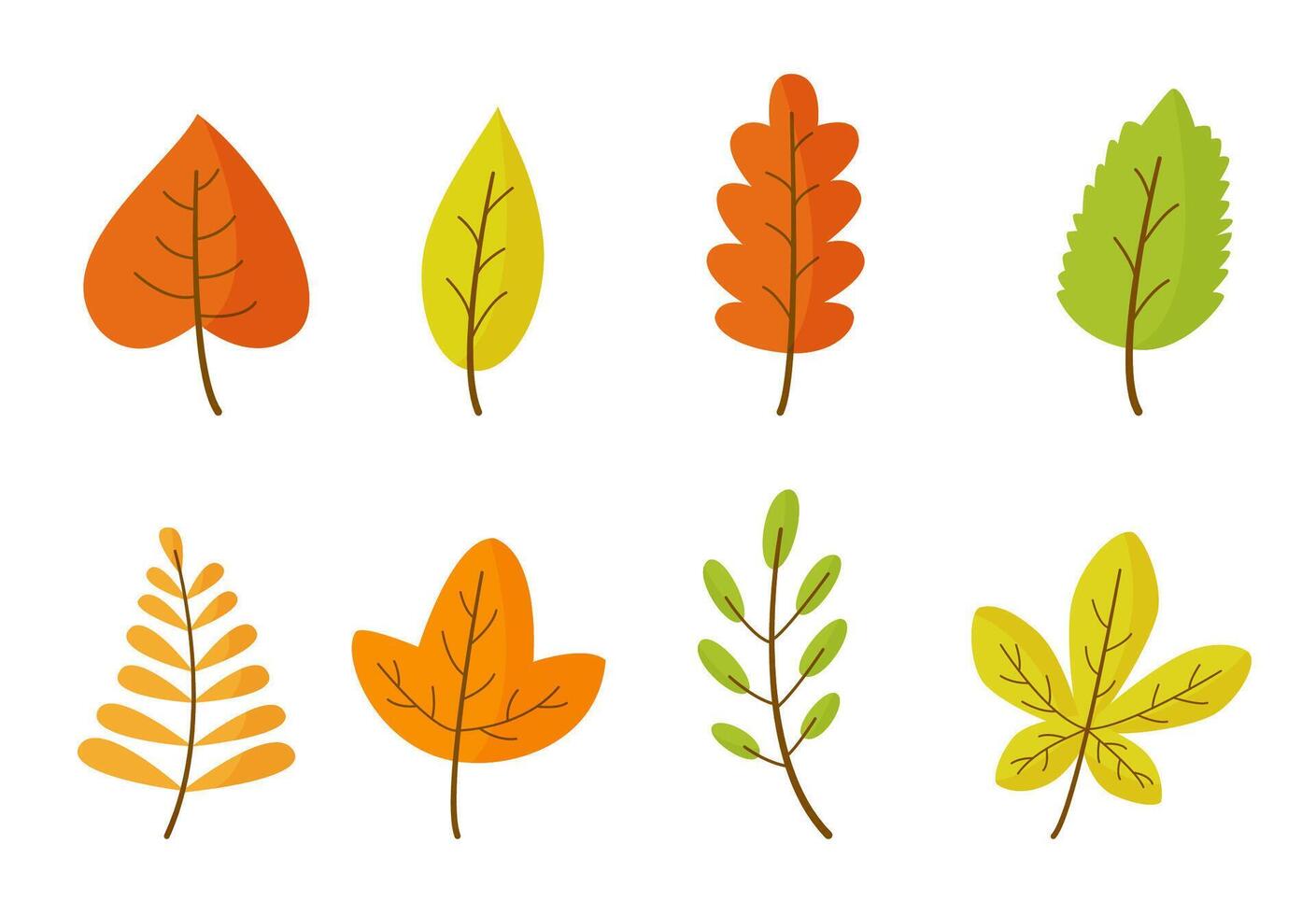 Set of cartoon autumn leaves on white isolated background. vector